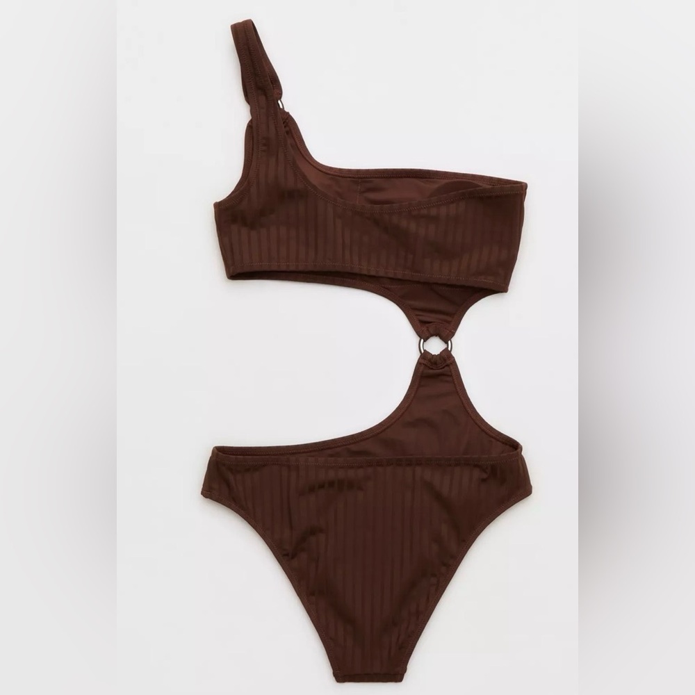 Aerie Wide Rib Cut Out One Shoulder Ring One Piece Swimsuit Brown Medium - Picture 5 of 13
